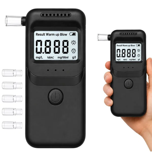 Alkomat elektroniczny cyfrowy LCD tester trzeźwości z 5 ustnikami czarny