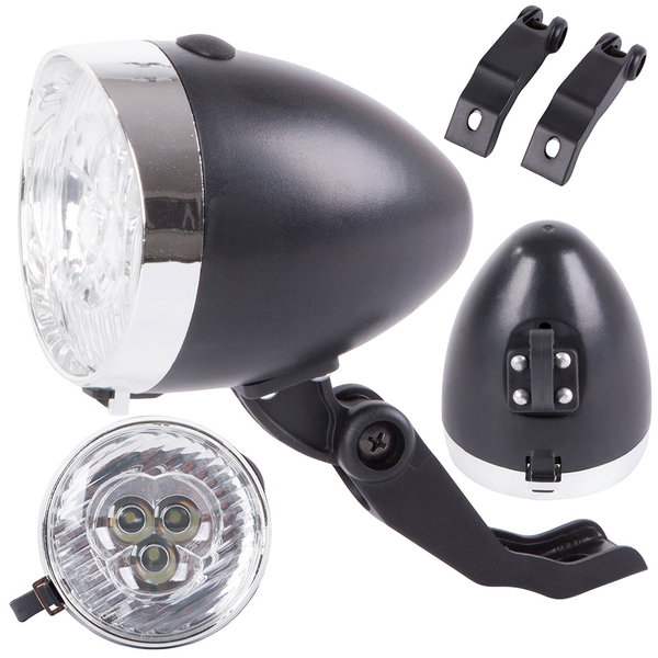 Oświetlenie rowerowe przednie lampka na rower 3 led baterie retro chrom