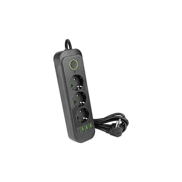 Przedłużacz czarny 3x230V 3x USB-A 1x USB-C 2m IP22 z ochroną przeciwprzepięciow