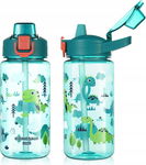 BUTELKA NA WODĘ DLA DZIECI ZE SŁOMKĄ 600 ML BEZ BPA Z ZAMKNIĘCIEM DINOZAURY