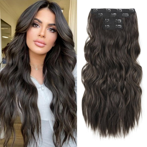 REECHO 4 CLIP-IN FALOWANE DŁUGIE WŁOSY 24" CIEMNY BRĄZ 220G + AKCESORIA
