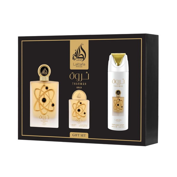 LATTAFA PRIDE THARWAH GOLD ZESTAW PREZENTOWY PERFUMY DEZODORANT PERFUMETKA