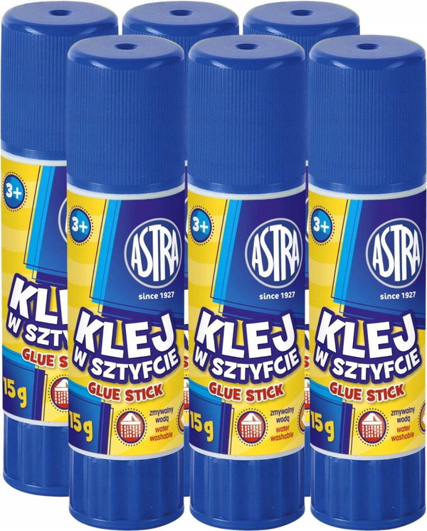 KLEJ W SZTYFCIE ASTRA 15G ZMYWALNY BEZPIECZNY DLA DZIECI x 6