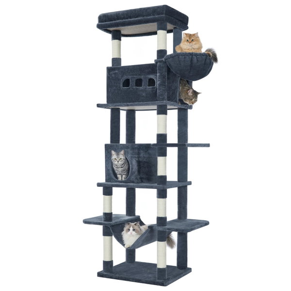 Drapak dla kota Dark gray, wielopoziomowy domek z 8 drapakami i 4 pomponami