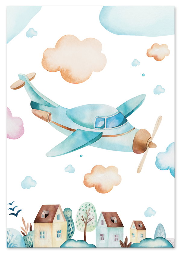 Plakat do pokoju dziecka samolot w chmurach 21x29,7 cm A4