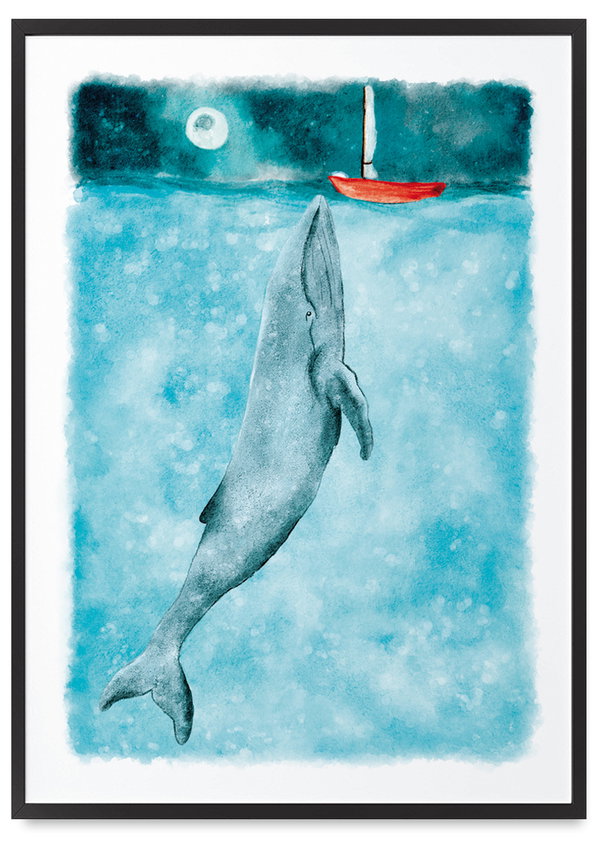 Plakat wieloryb ocean statek pokój dziecka 30x40 cm w czarnej ramie