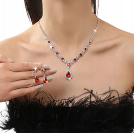 Zestaw Biżuterii Kolczyki Naszyjnik Ślub Srebrny Rubinowy Cyrkonie B25