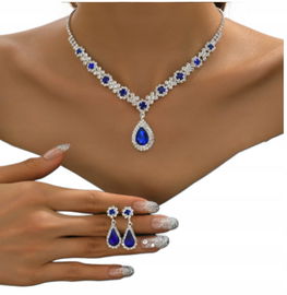 Zestaw Biżuterii Kolczyki Naszyjnik Ślub Srebrny Szafirowy Cyrkonie B24