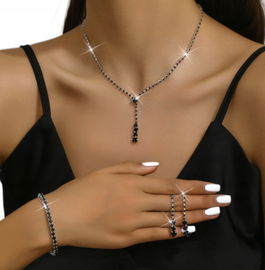 Zestaw Kolczyki Naszyjnik Bransoletka Ślub Srebrny Czarne Cyrkonie B21