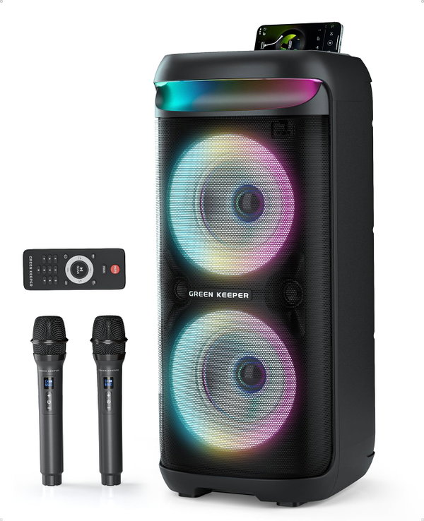 Karaoke Zestaw GREEN KEEPER 400W Bluetooth LED TWS USB 2 Mikrofony