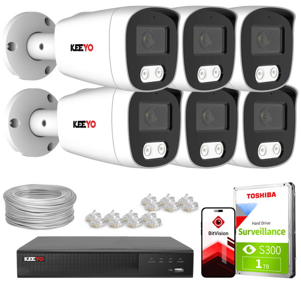 Zestaw do monitoringu IP KEEYO 6x LV-V-IP8M25TF-DL 8Mpx, podwójne oświetlenie
