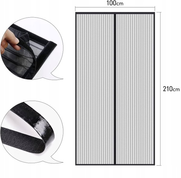 MOSKITIERA DRZWIOWA MAGNETYCZNA 100 x 210 cm SIATKA NA KOMARY OWADY CZARNA