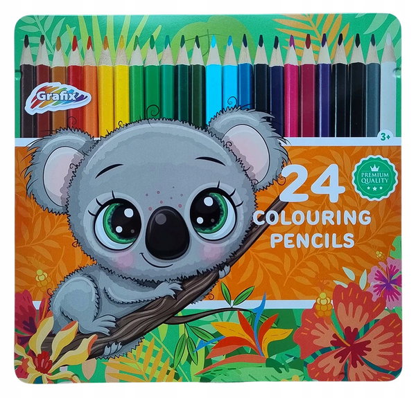 Kredki ołówkowe kolorowe 24 szt metalowy box szkolne Grafix wzór KOALA
