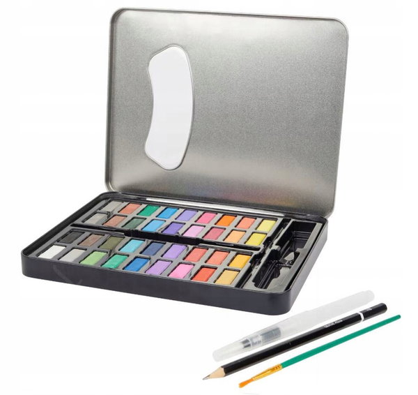 Farby akwarelowe Creative Artist 2 pędzle ołówek 36 szt metalowy organizer