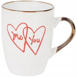 BIAŁY KUBEK CERAMICZNY 305 ml ZDOBIONY ZŁOTE UCHO 2 SERCA NAPIS ME YOU