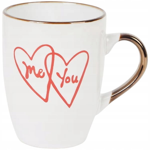 BIAŁY KUBEK CERAMICZNY 305 ml ZDOBIONY ZŁOTE UCHO 2 SERCA NAPIS ME YOU