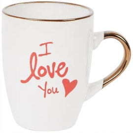 BIAŁY KUBEK CERAMICZNY 305 ml ZDOBIONY ZŁOTE UCHO SERCE NAPIS I LOVE YOU