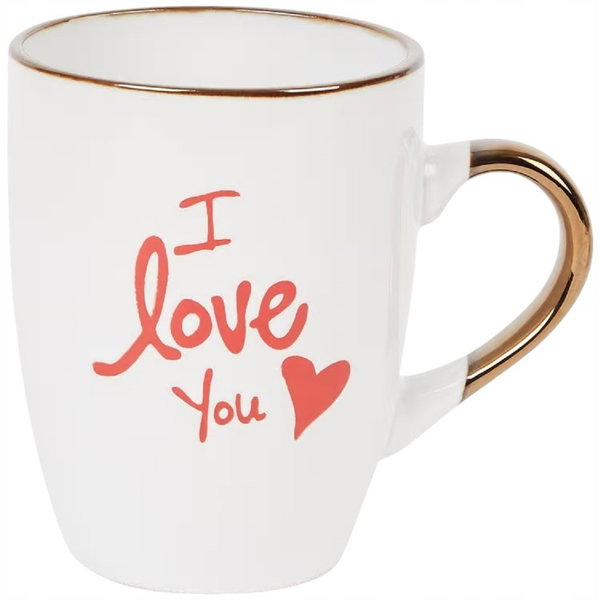 BIAŁY KUBEK CERAMICZNY 305 ml ZDOBIONY ZŁOTE UCHO SERCE NAPIS I LOVE YOU