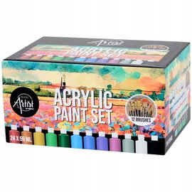Farby Akrylowe Creative Artist mix kolorów duży box 24 x 59 ml + 12 pędzli