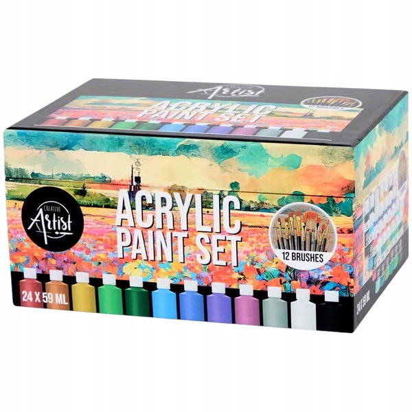 Farby Akrylowe Creative Artist mix kolorów duży box 24 x 59 ml + 12 pędzli