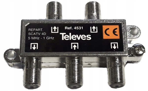 Splitter antenowy pasywny 1 wejście 4 wyjścia 5 MHz-1 GHz 7DB Televes 4531