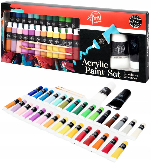 Farby Akrylowe Kolorowe Acrylic 30 x 20ml 2 x 100ml + 2 pędzle duży zestaw