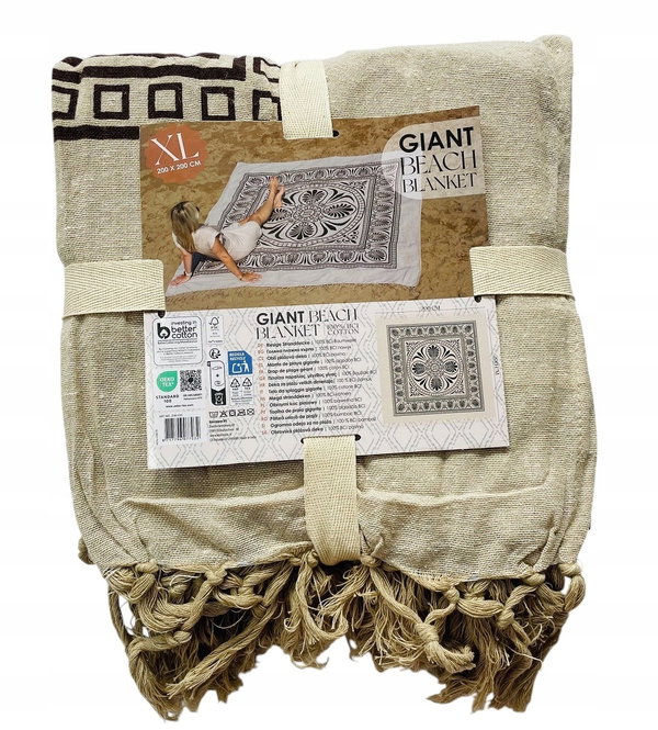 Koc Plażowy XXL 100 % Bawełna GIANT BEACH BLANKET 200 x 200 cm BEŻOWY KWIAT