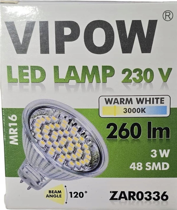 ŻARÓWKA 260 LUMENÓW 3w 48 led VIPOW CIEPŁA BIAŁA MR16 ZAR0336 JAKOŚĆ