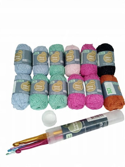 ZESTAW WŁÓCZEK BROKATOWYCH COTTON 6 KOLORÓW 24 SZT + 2× SZYDEŁKA BIG PAKA