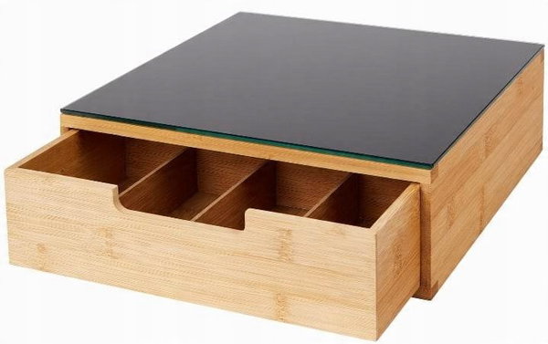 ORGANIZER BAMBUSOWY NA HERBATĘ ZE SZKLANYM BLATEM MINI BAR 30x30x10cm