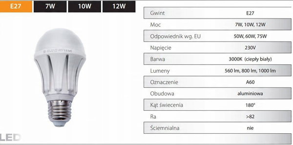 Żarówka LED do domu FL E27 230V 10W 820LM 11,5x6 cm białe ciepłe światło