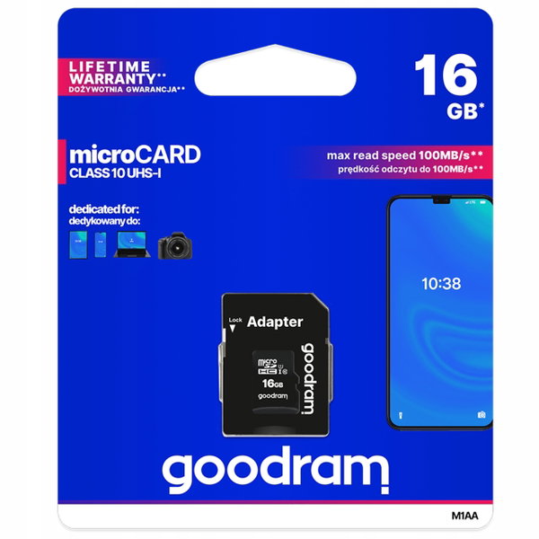 GOODRAM KARTA MICROSD 16GB MICRO + ADAPTER SD Prędkość odczytu 100 MB/s