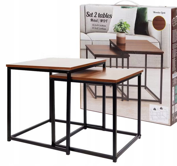 STOLIK KAWOWY CIEMNY DĄB LOFT METALOWY MDF SALON SYPIALNIA ZESTAW 2 SZTUKI