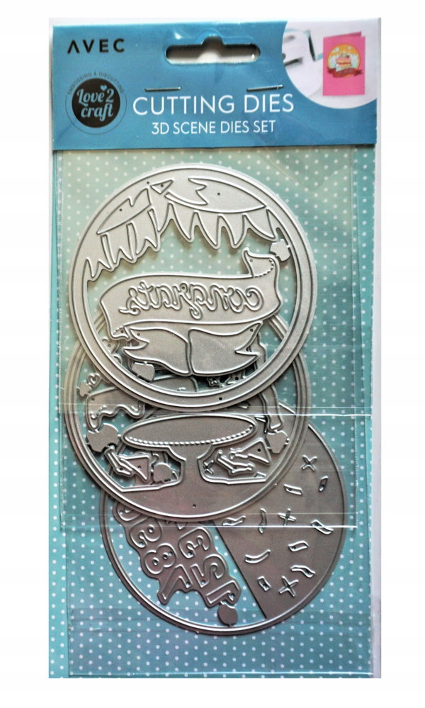 Wykrojnik szablon 3D Scenka urodziny tort do wycinania embossing 3 sztuki