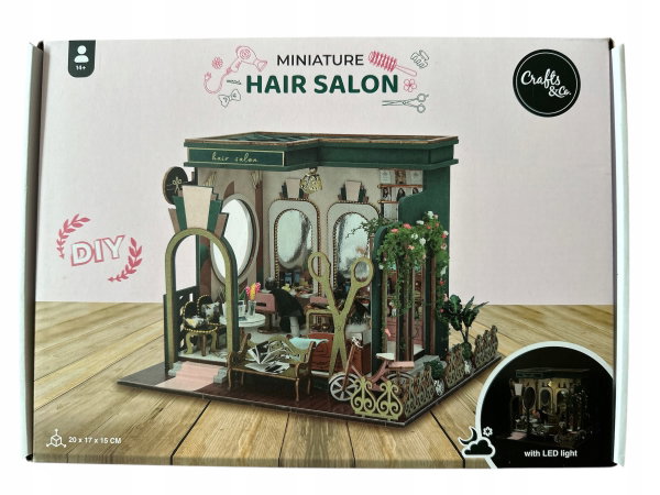 MINIATUROWY DREWNIANY SALON FRYZUR HAIR SALON Z OŚWIETLENIEM LED LIGHT 14+