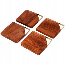 PODSTAWKI POD KUBKI SZKLANKI OCHRONNE DREWNO OKUCIE METALOWE ZŁOTE 4 SZT