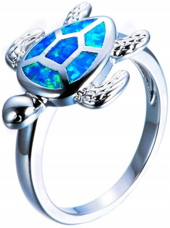 Srebrny Pierścionek Żółw Cyrkonia Turtle Blue Opal