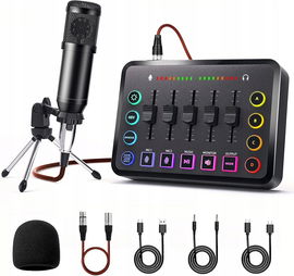 Zestaw mikrofonu podcastowego i miksera audio z kartą dźwiękową iOS/Android