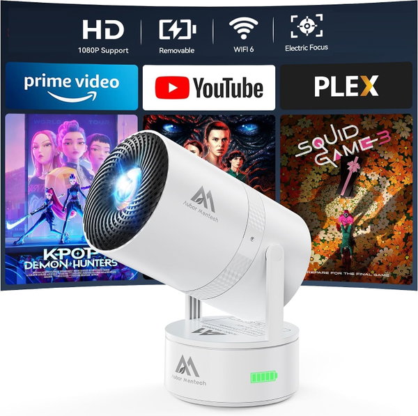 Aubor Mentech Przenośny projektor 4K z systemem Android i akumulatorem kino