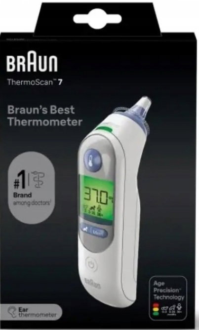 BRAUN IRT6520 7 TERMOMETR NA PODCZERWIEŃ Do Ucha + 20 kapturków
