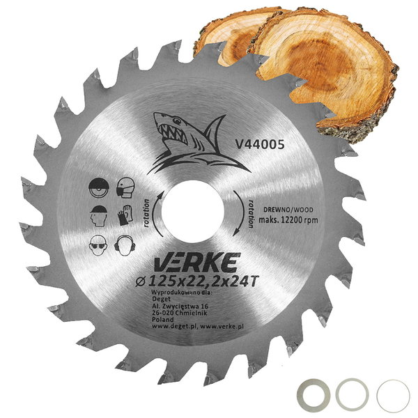 PIŁA TARCZA WIDIOWA DO CIĘCIA DREWNA 125x22,2 24 ZĘBY VERKE V44005 + REDUKCJE