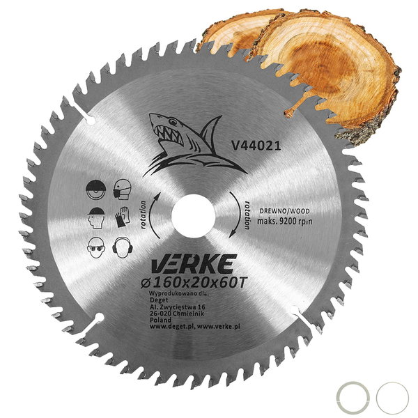 PIŁA TARCZA WIDIOWA DO CIĘCIA DREWNA 160x20 60 ZĘBÓW VERKE V44021 + REDUKCJE