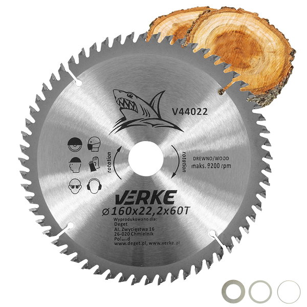PIŁA TARCZA WIDIOWA DO CIĘCIA DREWNA 160x22,2 60 ZĘBÓW VERKE V44022 + REDUKCJE