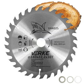PIŁA TARCZA WIDIOWA DO CIĘCIA DREWNA 180x22,2 30 ZĘBÓW VERKE V44025 + REDUKCJE