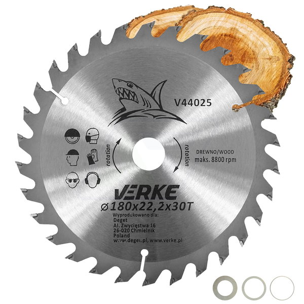 PIŁA TARCZA WIDIOWA DO CIĘCIA DREWNA 180x22,2 30 ZĘBÓW VERKE V44025 + REDUKCJE