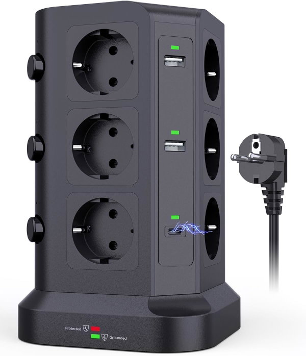 LISTWA ZASILAJĄCA KOOSLA 12 GNIAZDEK 2 USB-C 20W USB-A 2M CZARNA