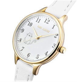 Paul Lorens Zegarek Dziewczęcy Kotek Biały Analogowy Skórzany Pasek Komunia