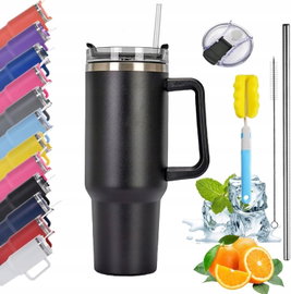 Kubek termiczny termos ze słomką 1200 ml z uchwytem ze stali czarny