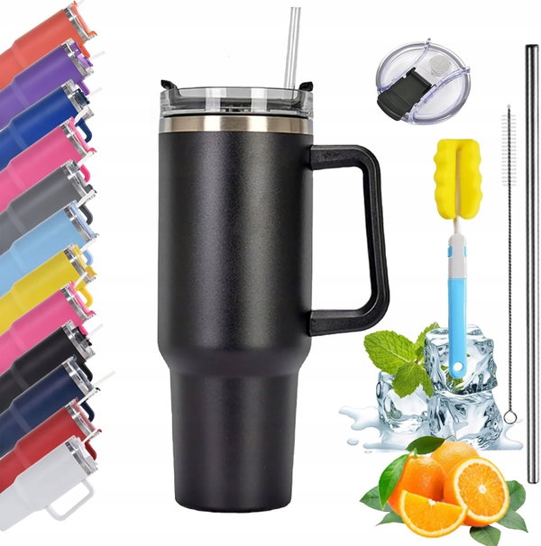 Kubek termiczny termos ze słomką 1200 ml z uchwytem ze stali czarny