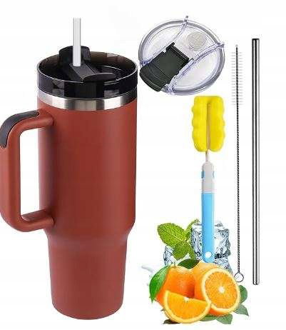 Kubek termiczny termos ze słomką 1200ml z uchwytem Brąz Zestaw akcesoriów
